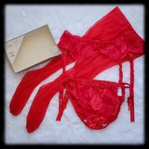 NWT 3pc VINTAGE Garter PANTY Matching Set NYLON Red Lace LINGERIE In Box 5/S